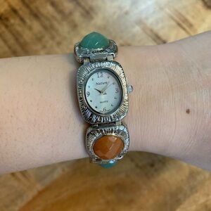 NEW Nature Multi Color Stone Wrist Watch Green Orange Mother Of Pearl Face